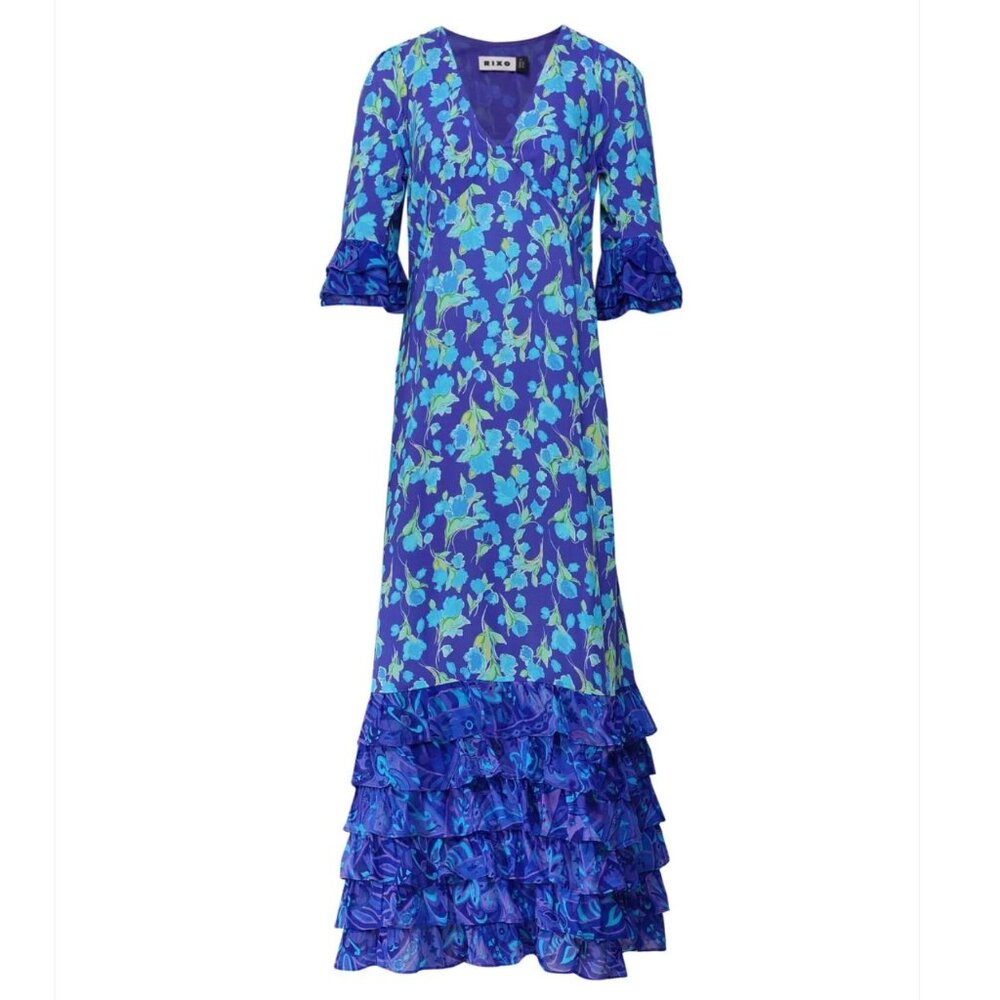 RIXO Blue Floral Mari Tiered Maxi Dress